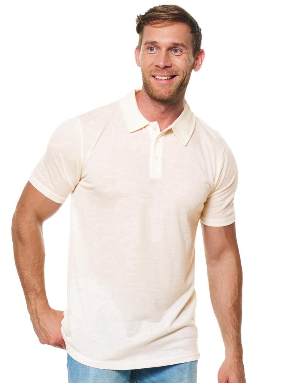 Merino.tech Men’s Merino Wool Short Sleeve Polo Shirt - Odor Resistant (Creamy)
